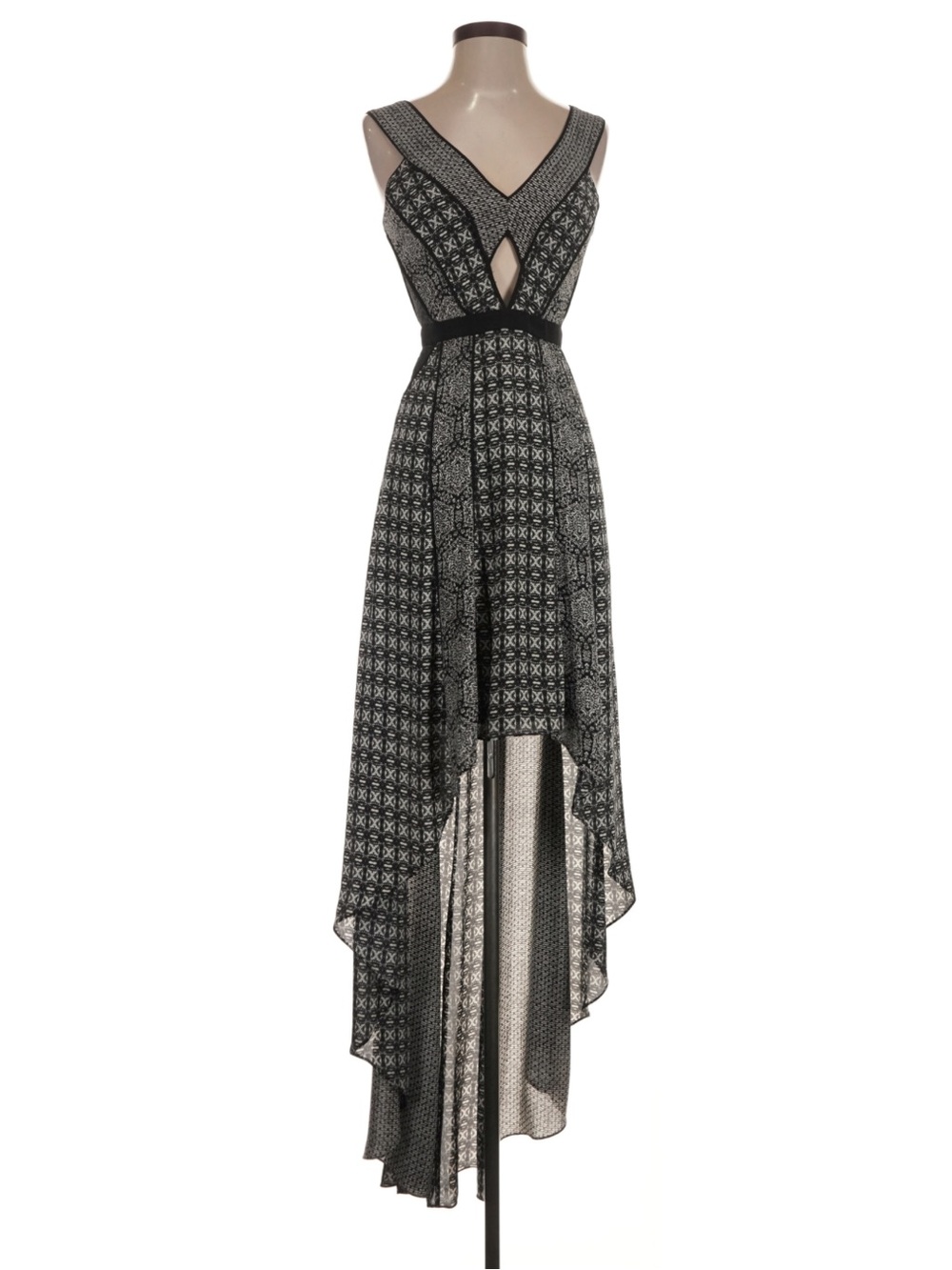 BCBG MaxAzria Black Patterned High-Low V-Neck Dress
